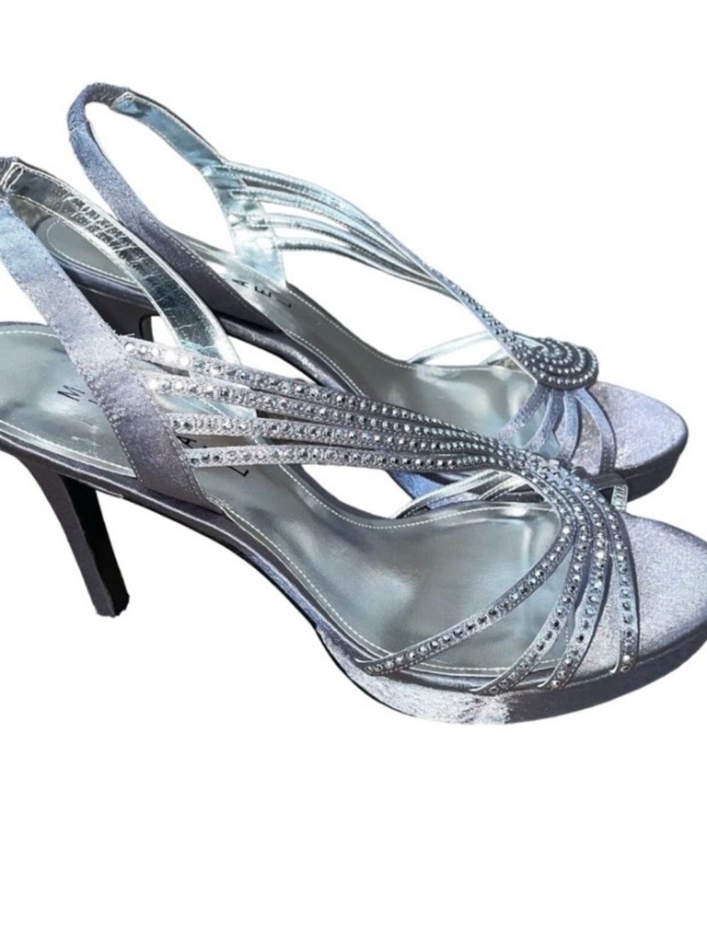 Michael Shannon Silver Open Toe Ankle Strap sling back High Heels Crystals SZ 10